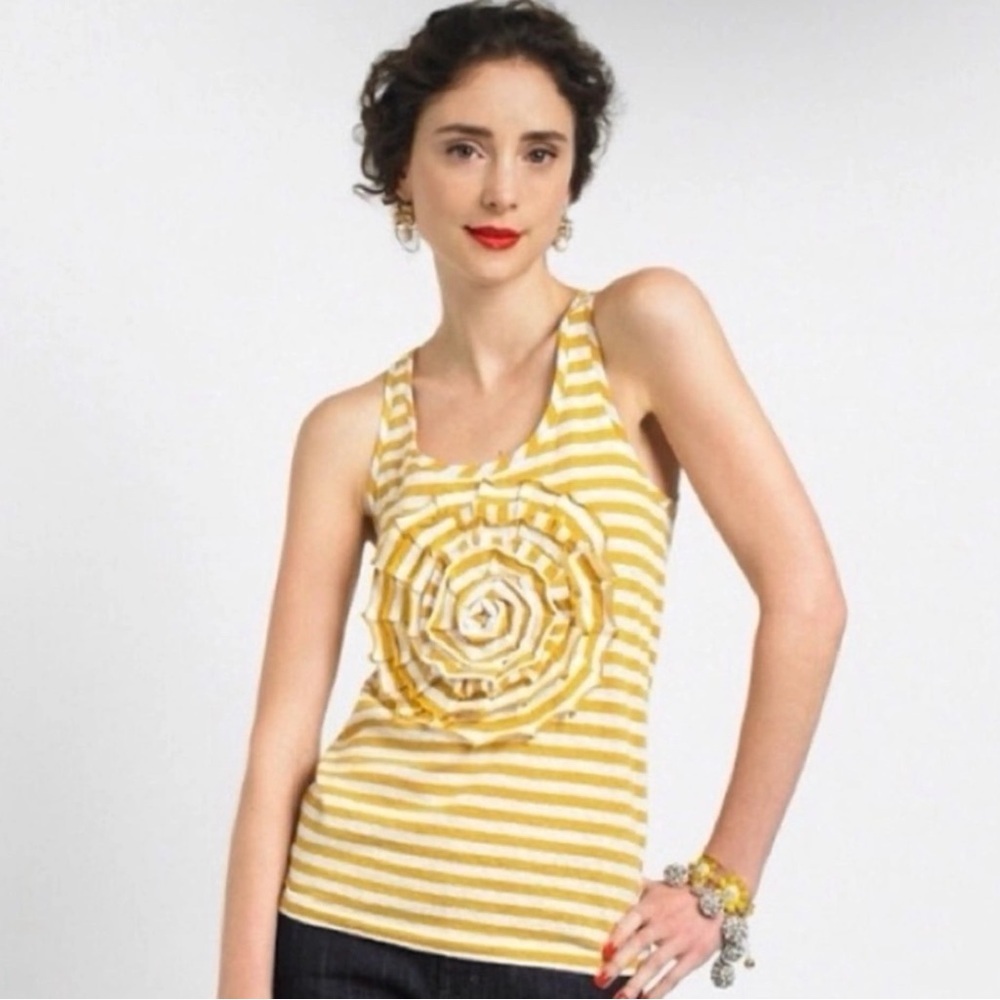 Kate Spade Yellow White Striped Tank Top Size S Rosette Ruffle Sleeveless